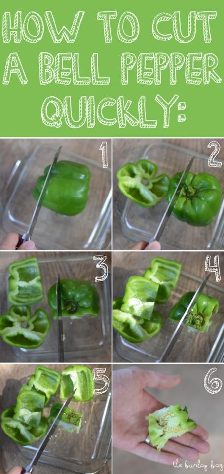 24. How To Cut A Bell Pepper FAST
You wouldn’t think you’d need instructions on how to cut a bell pepper, but this method is so much easier, and leaves the core in one piece to be easily removed.
