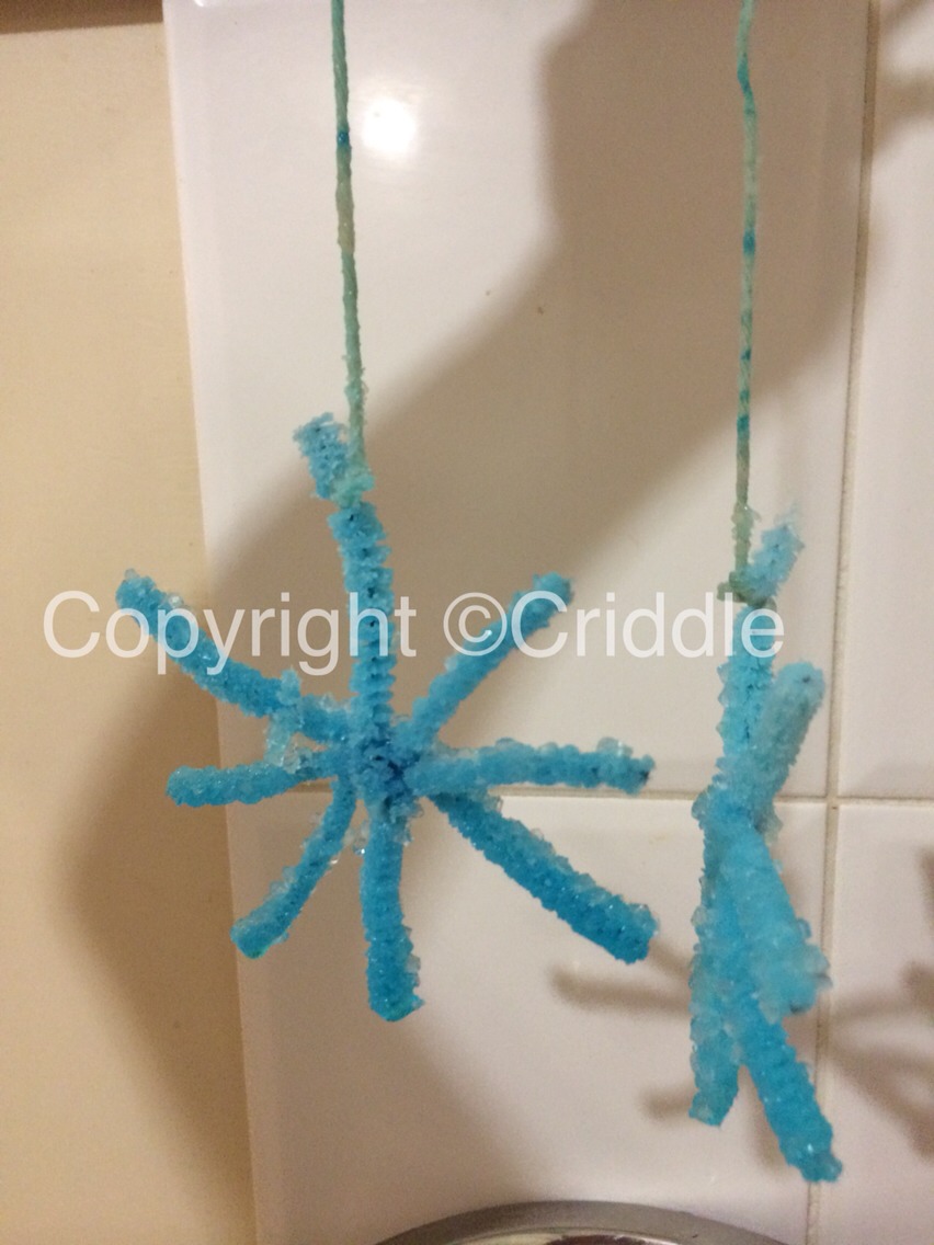  (don't worry if there is powder settling on the bottom of the jar). If you want you can add a little blue food coloring now to give the snowflake a bluish tinge. Insert your pipe cleaner snowflake into the jar so that the pencil (or paddle-pop stick) 
