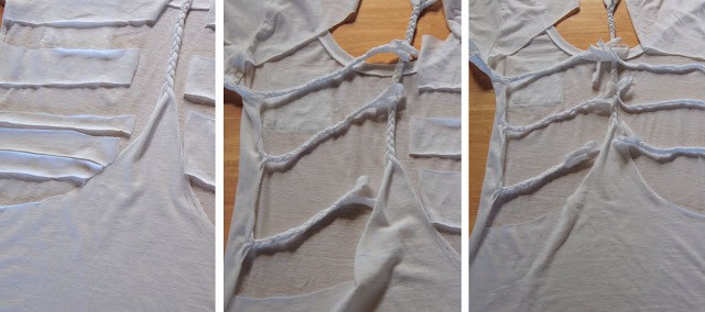 4. Now, cut each of those three sections into three more strips and braid. You should end up with three braids on either side, pointing toward the middle.