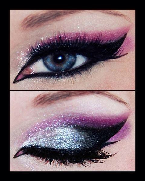 Purple glitter cat eye makeup