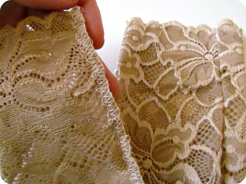 Sew the edges of the lace together. You can do this using a sewing machine or stitching it by hand using needle and thread. You should end up with 2 lace fabrics that can be pulled up your leg. 