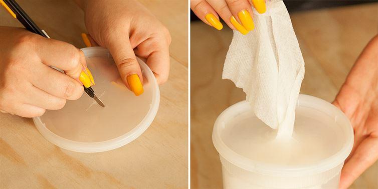 Cut an X into the lid so you can pull the wipes out one at a time.