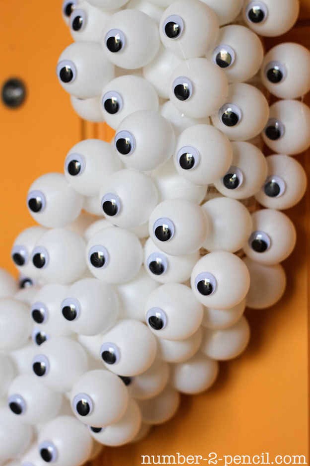Gather some ping pong balls and arrange either over cardboard or glue all ping pong balls together and add some googly eyes to make a eye ball wealth 😀