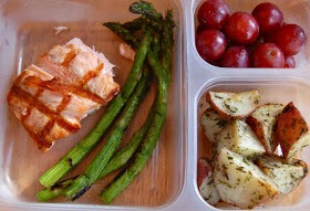 salmon, asparagus, roasted herb red potatoes, grapes
