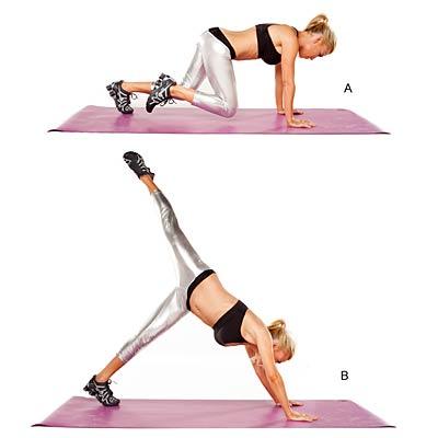 Mini squat with leg extension

Targets shoulders, upper back, chest, arms, core, glutes, quads and hamstrings