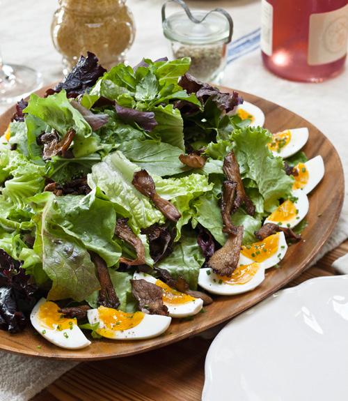Arugula and Baby Lettuce Salad with Soft-Boiled Eggs and Roasted Oyster Mushrooms