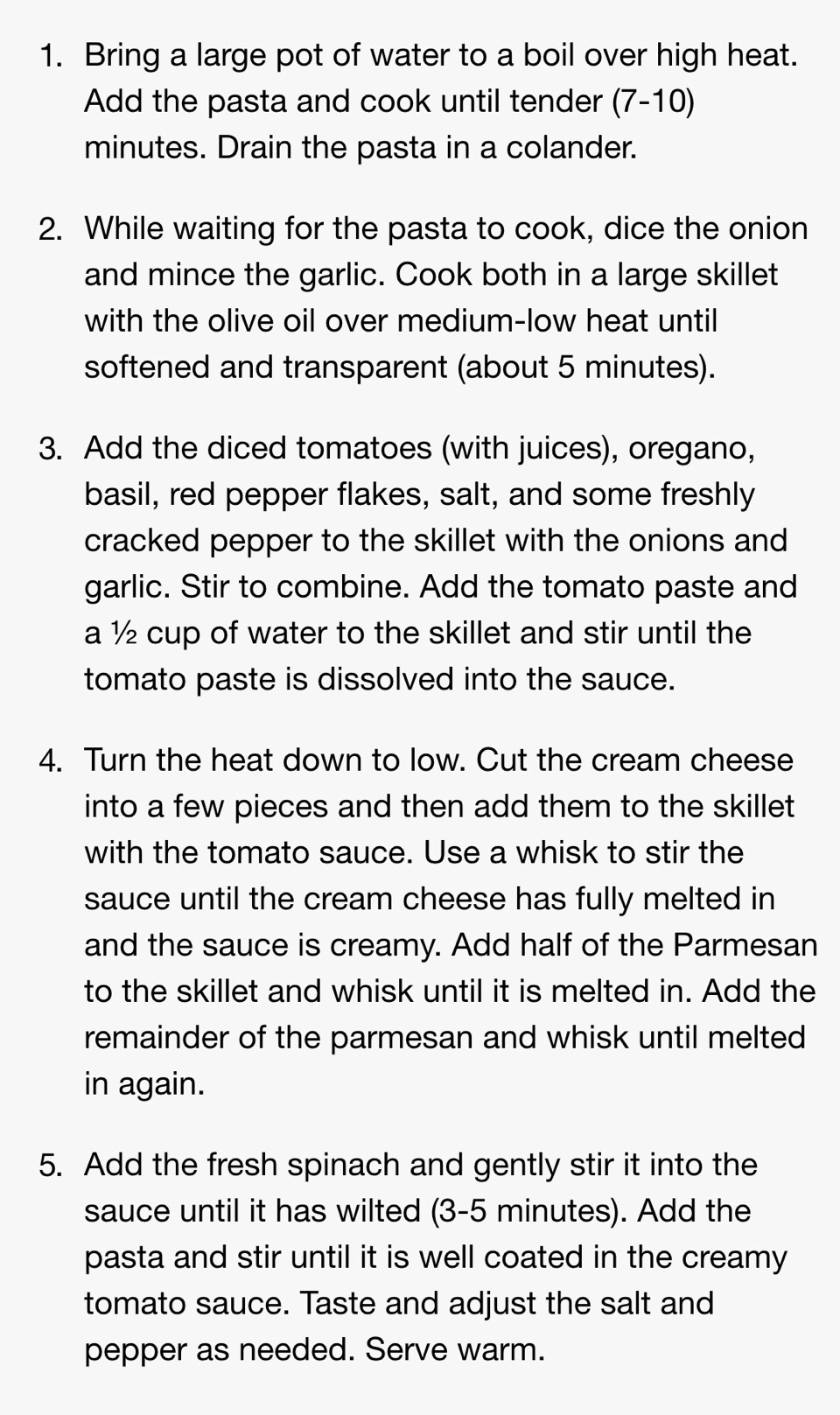 Creamy Tomato Spinach Pasta