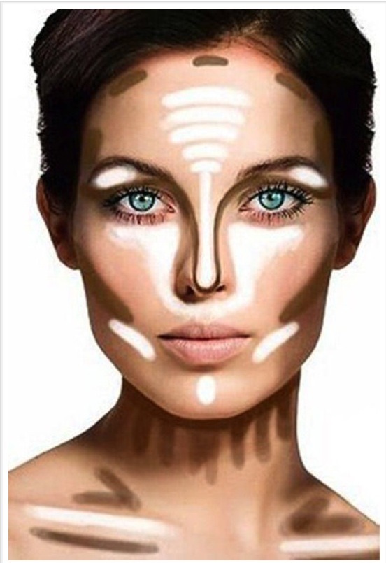 you can use a bronzer/powder that is a few shades darker than your skin, and a foundation that is a few shades lighter for highlighting. Your t-zone and under eye area is where you want to highlight, and the outer area of your face, and underneath your cheekbones, is where you need to define.