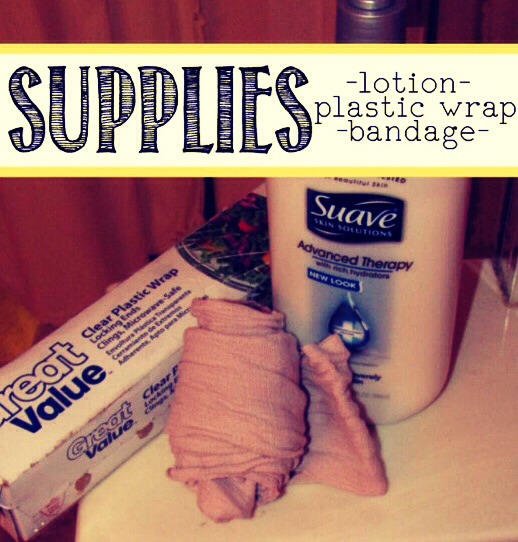 First, gather your supplies. You'll be needing lotion (organic is best), plastic wrap, and an athletic wrap-around bandage.
