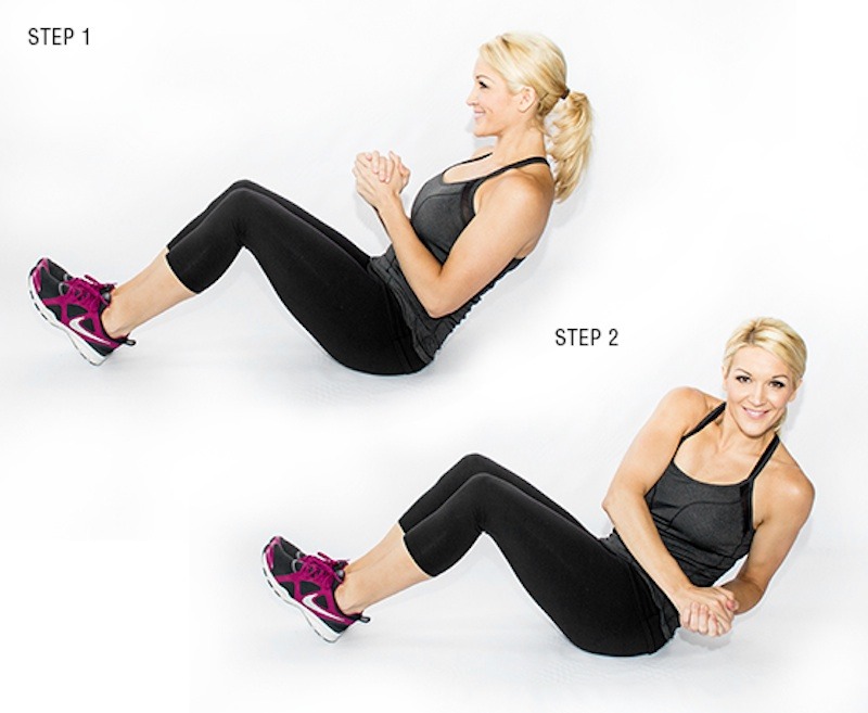 Russian twist- sit on butt with feet elevated 2-6 inches off the floor. Twist from side to side. The more you lean back, the more intense the workout. 