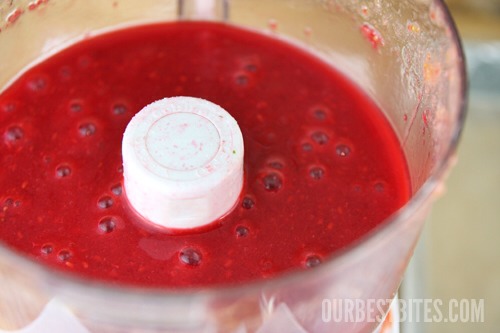 Puree: Many (actually, most) recipes for fruit leathers/roll-ups have you simmer the fruit on the stove first.I used to do that until I realized I didn’t really  have to- and you all know I will avoid dirtying a dish if I can!So just pop it all in a food processor so you can get it nice and smooth!