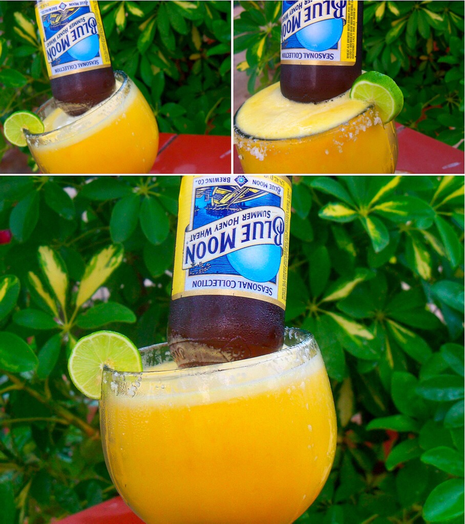Once you fill your glass with the mango margarita, insert your beer. This part is easy and fun, don't worry there is no wrong way to do this, just flip that baby over and put it in your margarita.