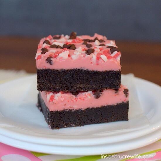 Sprinkle with the extra 1/4 cup peppermint pieces and mini chocolate chips. Let set before cutting. Cut into 16 brownies. Store in the refrigerator in a sealed container.

Note
*If you can't find the peppermint coffee creamer, you can also use heavy whipping cream.