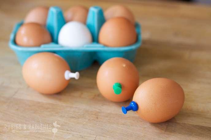 Thumbtack eggs:
Use a thumbtack to get the perfect boiled egg. The tacks make it much easier to peel!