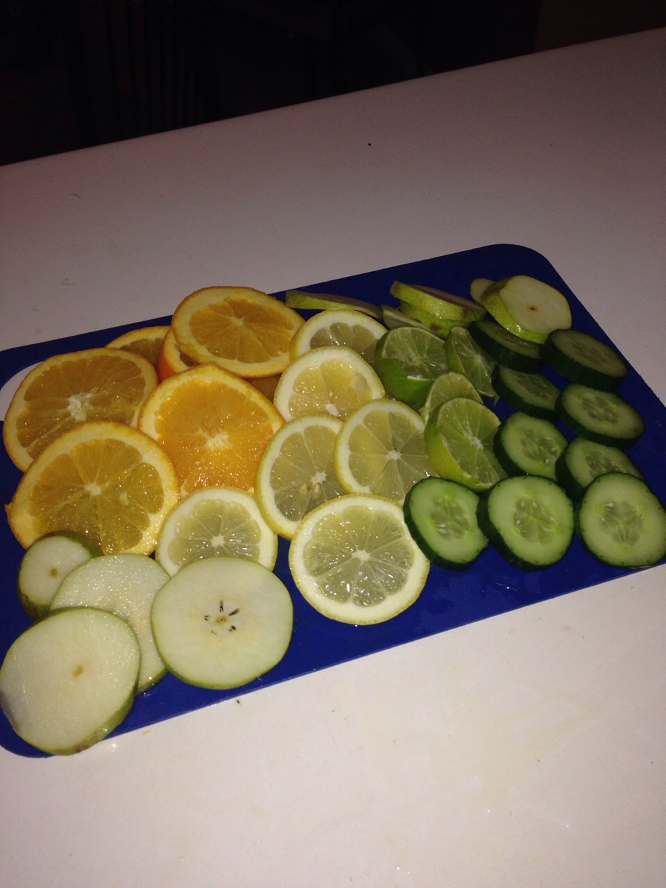 1 orange, 1 lemon, 1 lime, 1 full cucumber, 1 pear. You may also use mint leaves. 