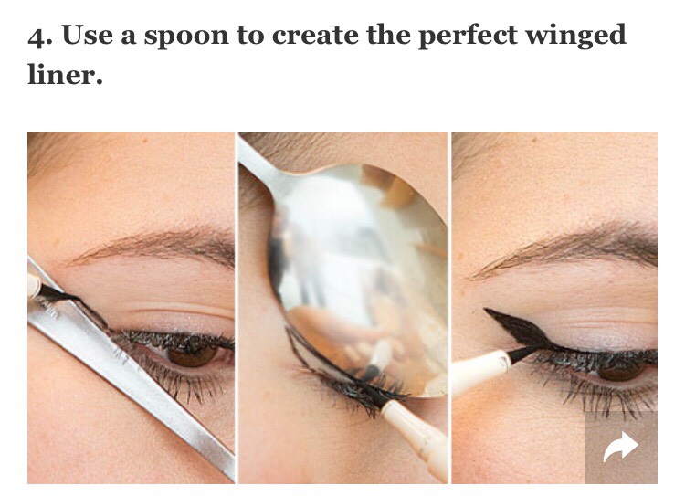 Holding the stem of a spoon against the outer corner of your eye, draw the straight line as the first step for your cat-eye. Then, flip the spoon so it's hugging your eyelid, and use the rounded outer edge to create a perfectly curved winged effect.