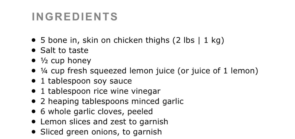 HONEY LEMON GARLIC CHICKEN
