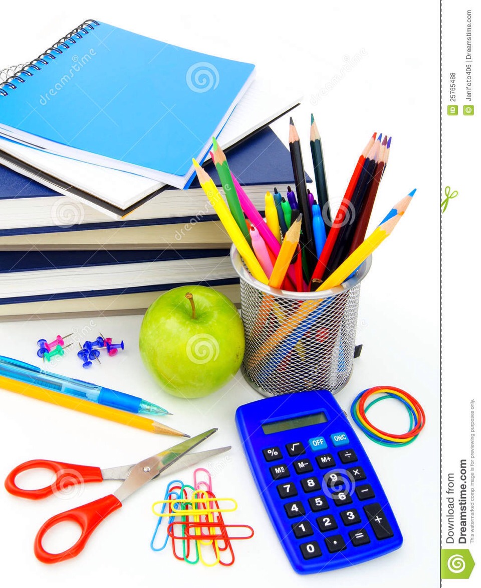 Now for the more random stuff: 
Calculator for math
Scissors, paper clips , rubber bands
Glue or colored pencils (if needed) 
White out, ruler, sticky notes, index cards, flash drive, planner, tape, mini stapler, hole punch