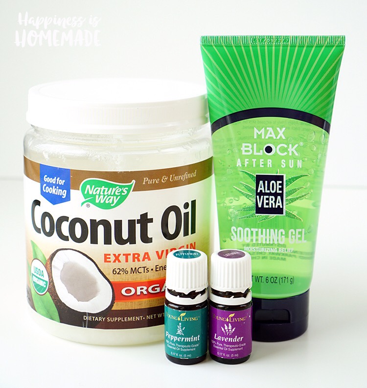 What You’ll Need to Make Sunburn Relief Cream:
• Organic Coconut Oil
• Aloe Vera Gel
• Lavender Essential Oil
• Peppermint Essential Oil
