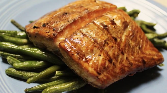 Salmon has vitamins that promote hair growth, also it's healthy and can aid in weight loss. Fish oil pills are another way, if you don't like salmon. 