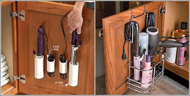 Place hair curlers and straighteners in PVC pipes with the plug in a smaller pipe