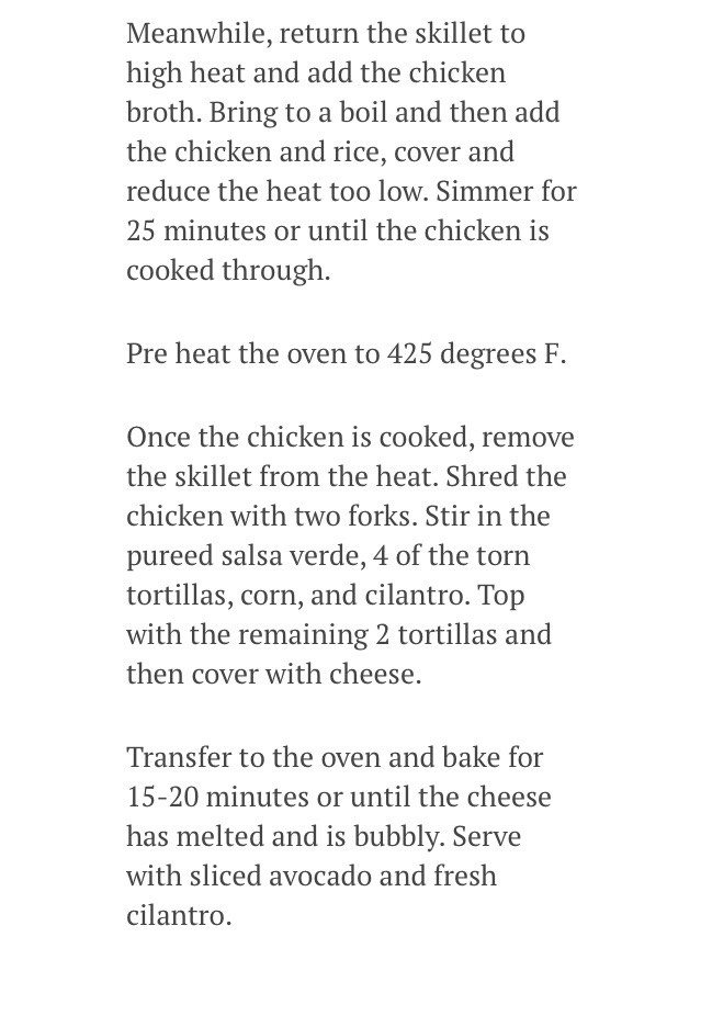 Skillet Salsa Verde Chicken Tortilla Rice Bake.
