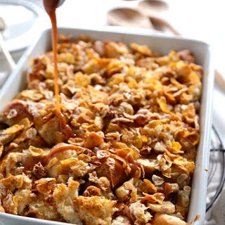 Peachy bread pudding with caramel sauce