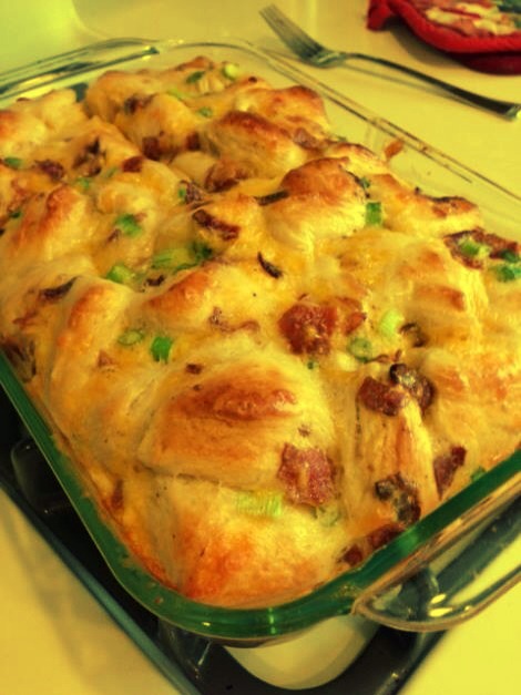 2. Cut up your scallions, shred your cheese, and cook and break up your bacon or sausage. Add it all to the bowl. 
• pre-shredded cheese is coated with something to keep it from clumping but if you shred it yourself, it will melt better. 