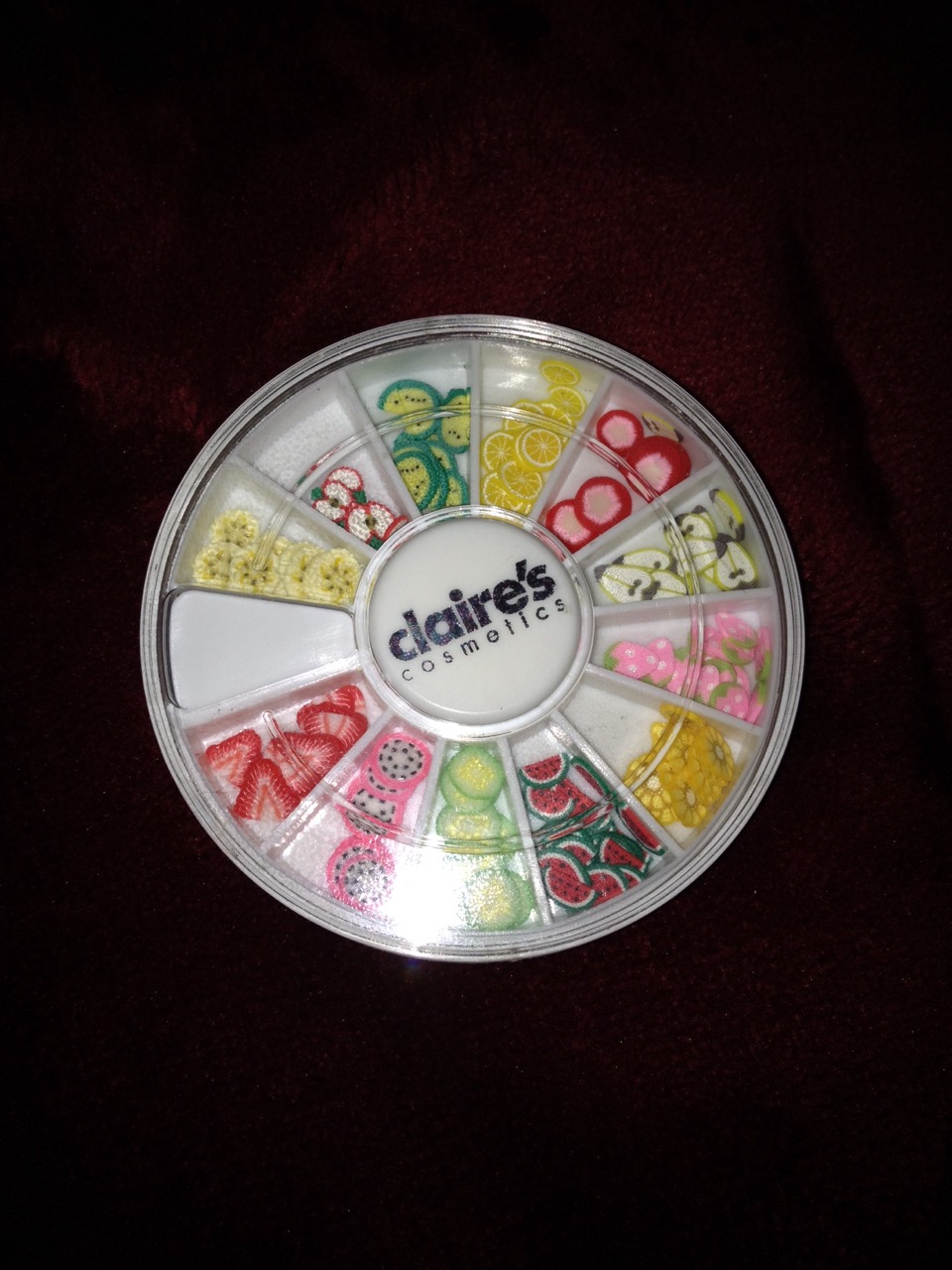 Step 5
Get out your fruit nail decoration I bought mine at Clair's they are very cheep. I just love these
