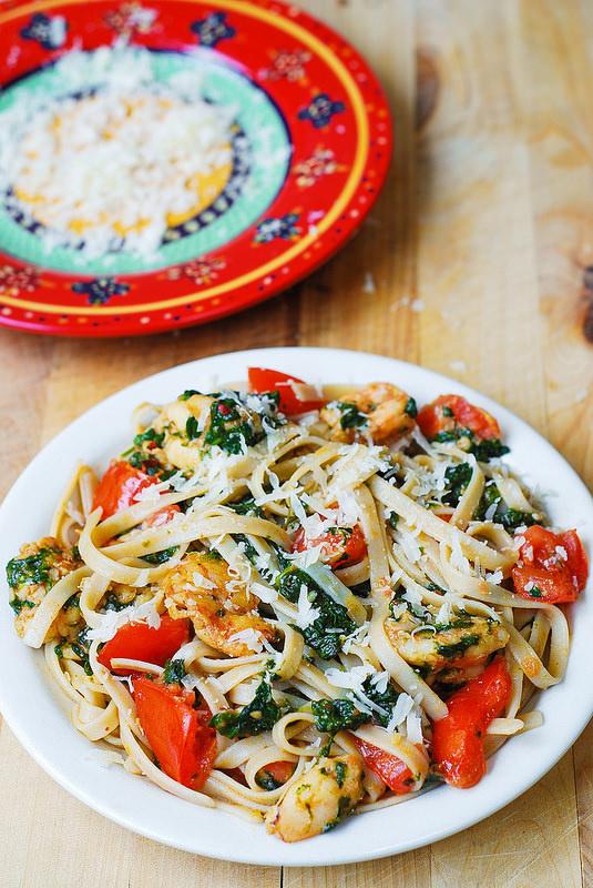 Shrimp, Tomato, And Spinach Pasta In Garlic Butter Sauce 