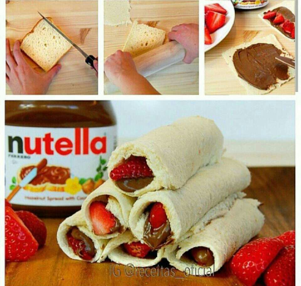 bread, nutella.  and strawberries