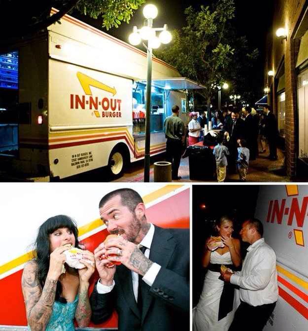 Hire a rad food truck for a late-night snack.

According to Pinterest: "IN-N-OUT will rent you a truck for 1K fully stocked with a cooking team for the day. Perfect for a midnight snack at a wedding!" (You can contact their event services to verify this.)