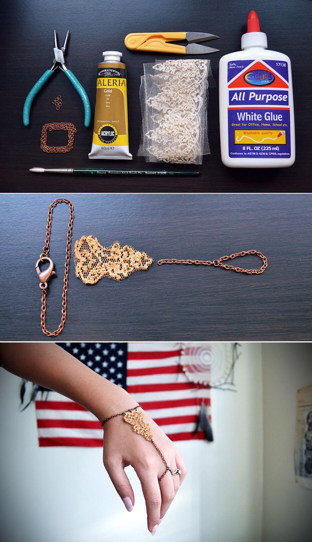 Gold (or Silver, Gunmetal, etc.) Lace Slave Bracelet

Full instructions here:
http://shinetrimny.blogspot.com/2012/08/diy-golden-lace-slave-bracelet.html?m=1