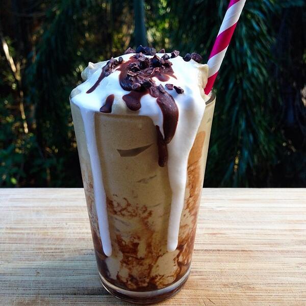 1 frozen banana 1/4 ripe avocado, 1scoop chocolate whey protein, 1 tbsp raw cacao powder, 1/2 cup coconut water