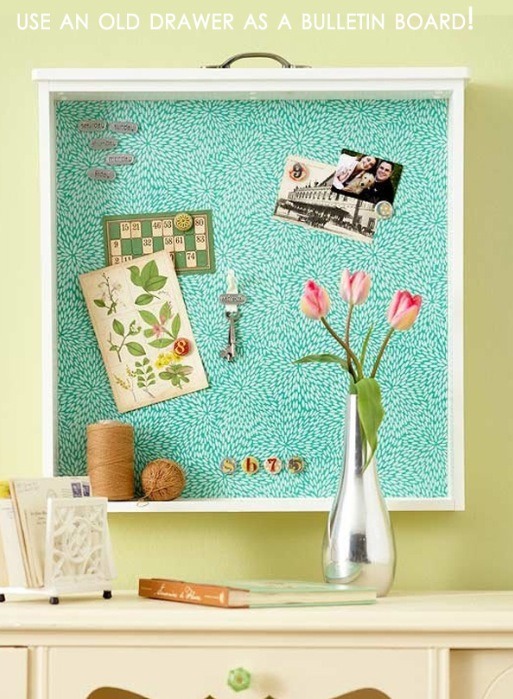 Use an older dresser drawer into a nice shelving unit!