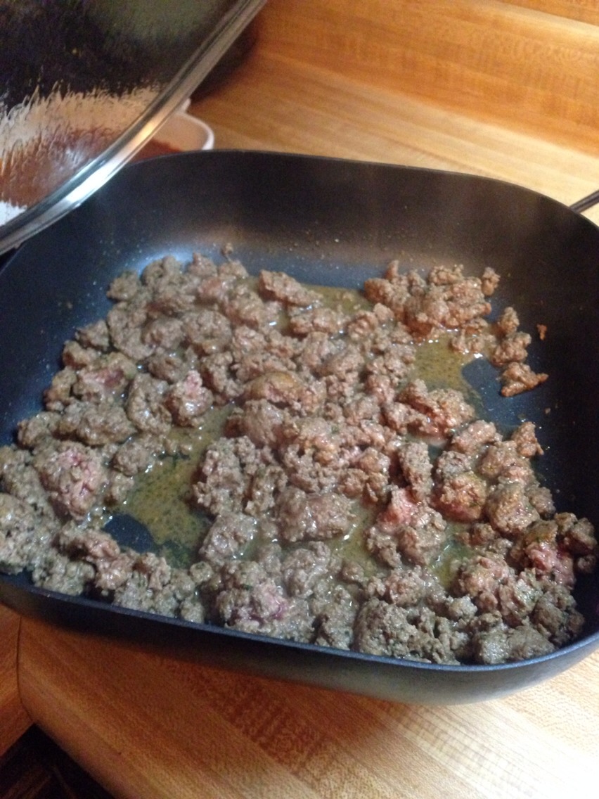 Grill up your pound of meat, chicken or beef, whatever you prefer. I would suggest chicken for Alfredo or ground beef for spaghetti.
I use half pound of sage sausage and half pound of hamburger meat. The sage sausage give it a more Italian taste!
Flavor the meat with parsley leaves & garlic powder