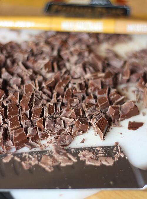 Then, what I did was chop up some milk chocolate.  Small enough so it wouldn’t be huge, but large enough so it was still a chunk.

10 whole ounces.

