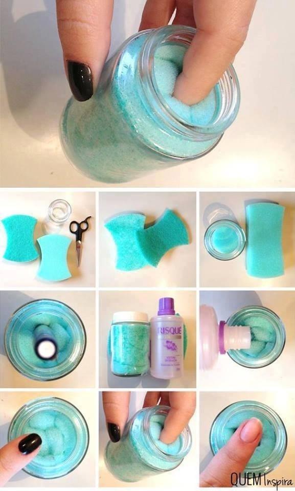 31. Stuff a sponge into a jar and soak it in acetone to make an easy DIY nail polish remover.Great for glitter polishes, where you really need to soak your nail in remover to get it all off.