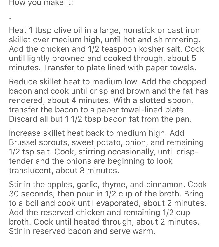 Harvest Chicken Skillet With Sweet Potatoes, Brussels Sprouts And Sautéed Apples.