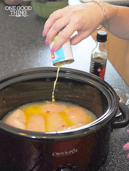 Directions

Cut chicken into bite sized pieces. (I skipped this step…I just put in whole chicken breasts.)