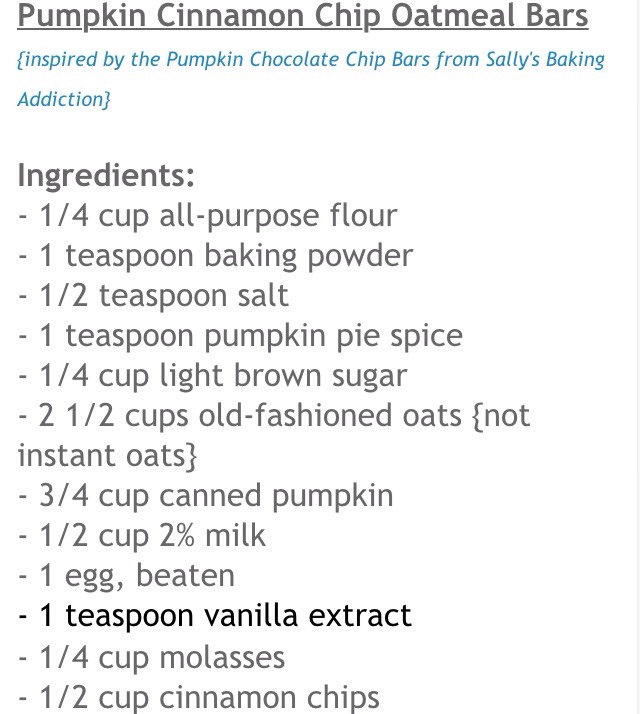 Pumpkin Cinnamon Chip Oatmeal Bars