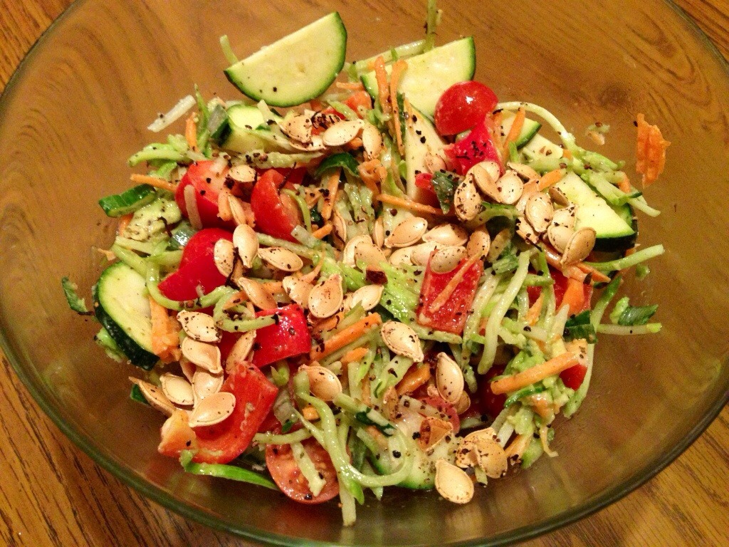 38. Creamy-Crunchy Slaw: Mix mayo with cider vinegar and caraway seeds. Toss with shredded cabbage, scallion and green apple slices, crumbled cooked bacon, salt and pepper.