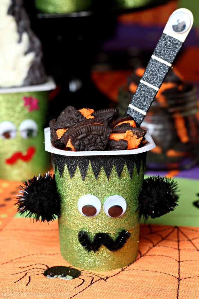 When Snack Pack pudding cups are ready to be consumed just peel off the lid and add a heaping spoonful of crushed OREO cookies on top. Leftover washi tape and googly eyes can also be used to make wooden spoons spooky!