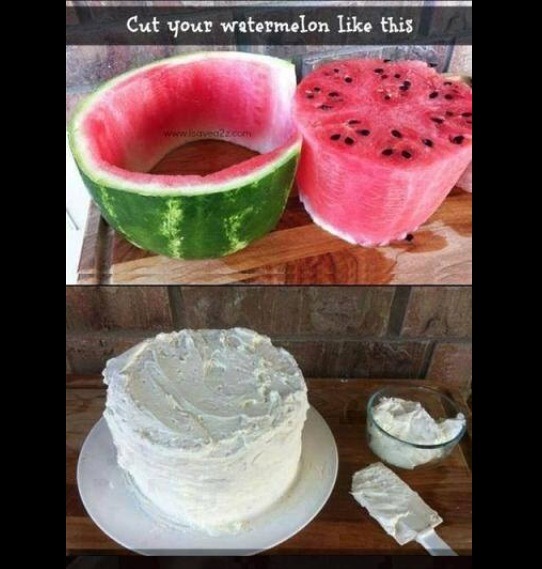 Just cut your watermelon like this and add "cremage" on top and sides! To add a little touch, you could decore it with fruits and nuts like on the first image! :)