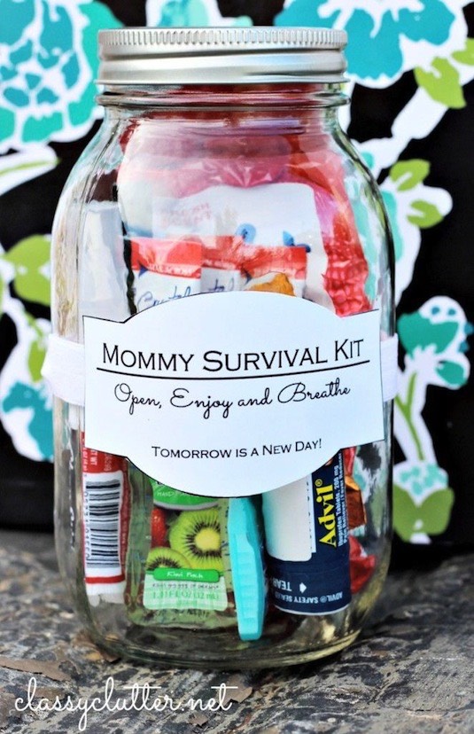 8. Gift In A Jar
You could do this for just about any occasion — a new mommy jar, a get well jar, a spa pampering jar, or anything else you can think up! Classy Clutter has quite a few good ideas and free printable labels.