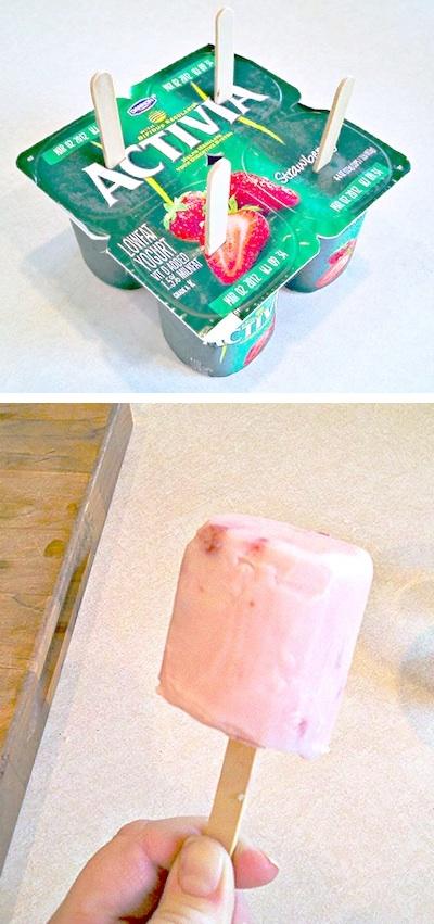 14. Make Your Own Yogurt Pops
Most individual yogurts with a soft top that will allow a popsicle stick to slide in will work just fine.