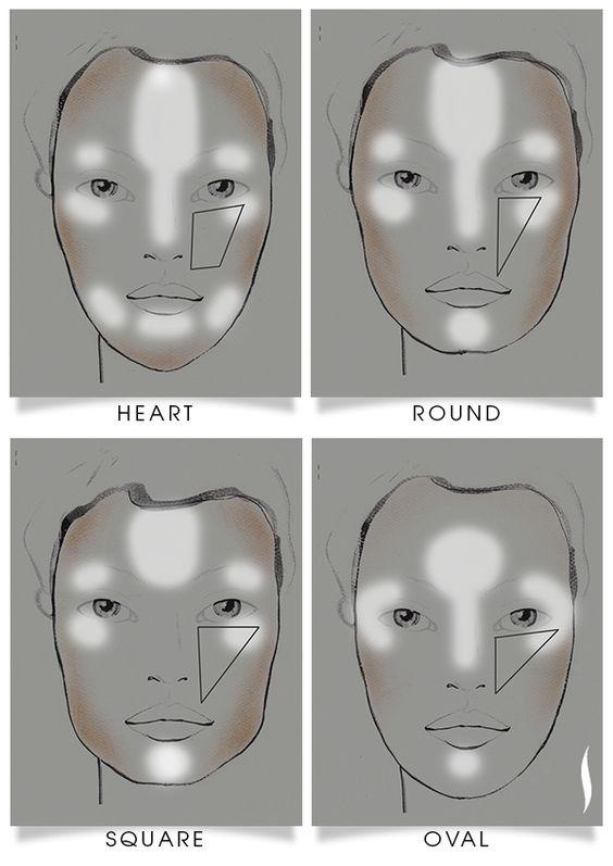 OVAL: balanced shape; length is greater than width.
ROUND: width is equal to length; rounder hairline; fuller cheeks.
SQUARE: strong jawline boxed off at chin; straighter hairline; cheeks appear more flat.
HEART: slightly wider forehead that gradually narrows toward bottom of face; tapered chin.