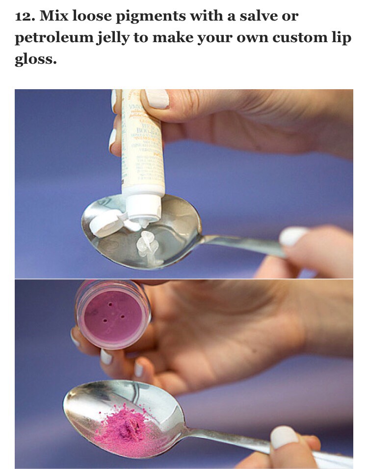 If you have loose eyeshadow pigments that you're obsessed with and want to wear as a lip shade, blend it with a little bit of a salve or petroleum jelly in a spoon and swipe it onto your lips. Voil!