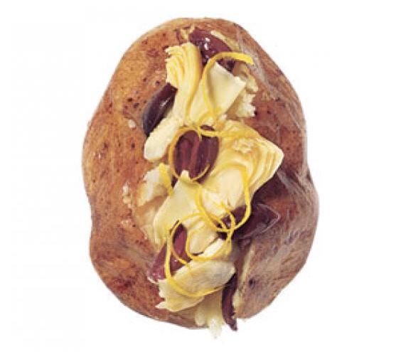 Baked Potatoes With Artichoke, Olive, and Lemon:

Serves 4