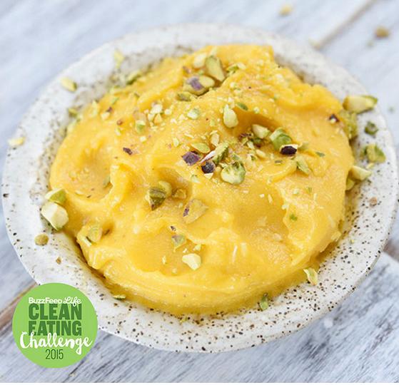 15. Two-Ingredient Mango Sorbet with Pistachios

Frozen mango + frozen banana + pistachios (or anything you want) as a topping. All you have to do is blitz the frozen fruit together in the food processor, and you have a next-level, healthy sorbet.